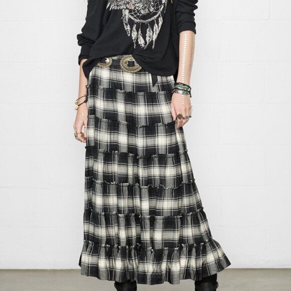Ralph Lauren Black White Plaid Tiered Patchwork Maxi Skirt Cabincore Western M - Picture 2 of 9